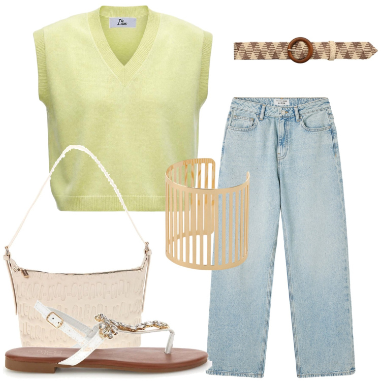 Outfit donna - Total look #2446178. Stile Casual chic per Tutti i giorni. Abbinamento con jeans, cinture, maglieria, braccialetti, borse a spalla, sandali gioiello.