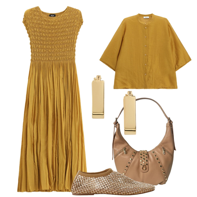 Outfit donna - Ocra e oro. Stile Casual chic per Serata fuori. Abbinamento con ballerine, vestiti lunghi, camicie, orecchini, borse a spalla.