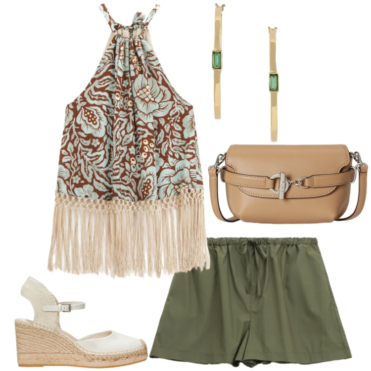Outfit donna - Total look #2446180. Stile Casual chic per Tutti i giorni. Abbinamento con top, shorts, espadrillas, orecchini, borse a tracolla.