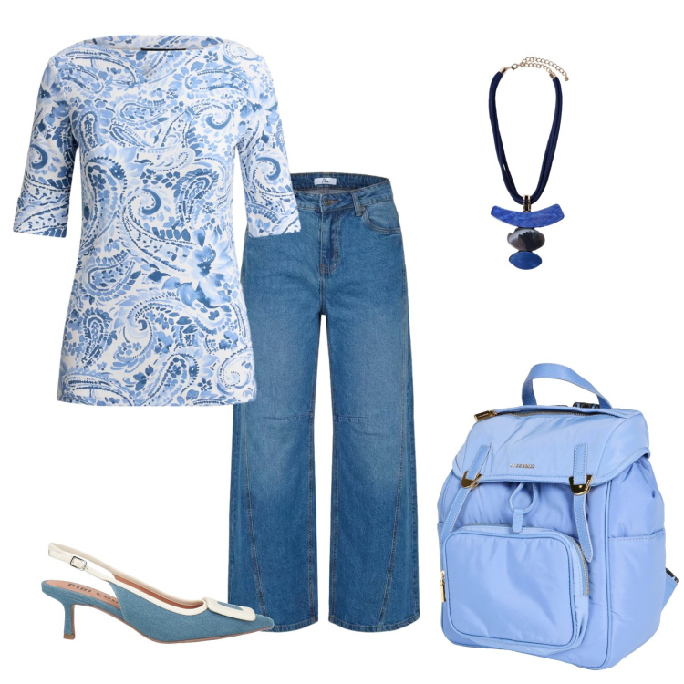 Outfit donna - Total look #2446181. Stile Casual chic per Ufficio. Abbinamento con décolleté, zaini, jeans, ciondoli, t-shirt.