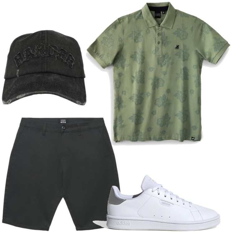 Outfit uomo - Total look #2446184. Stile Trendy per Tutti i giorni. Abbinamento con pantaloni corti, cappelli con visiera, sneakers, polo.