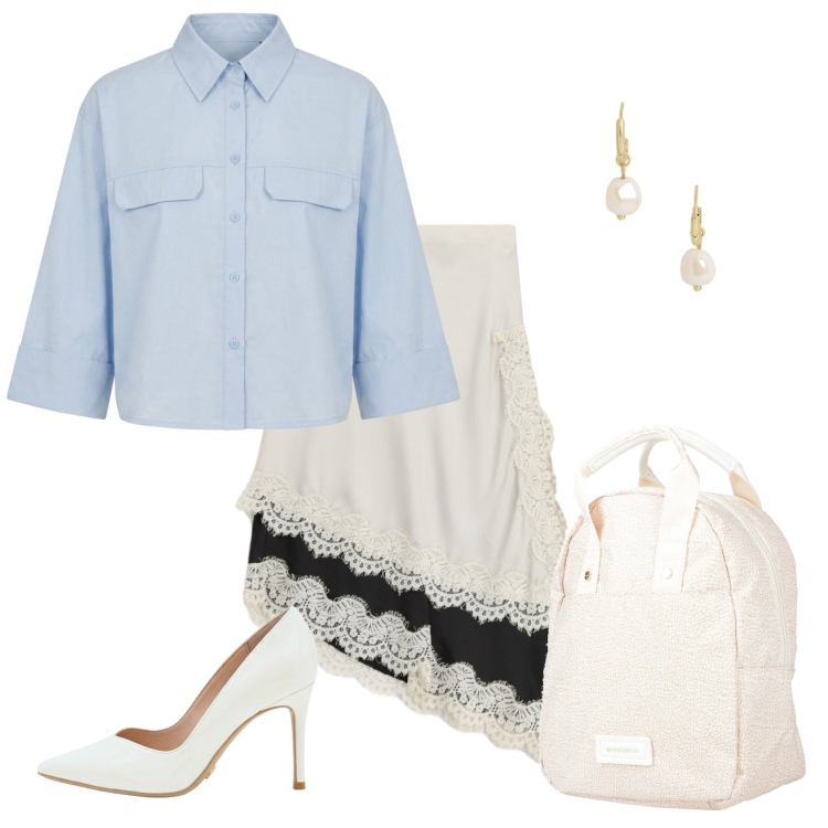 Outfit donna - Total look #2446185. Stile Casual chic per Ufficio. Abbinamento con zaini, gonne longuette, décolleté, camicie a manica corta, orecchini.