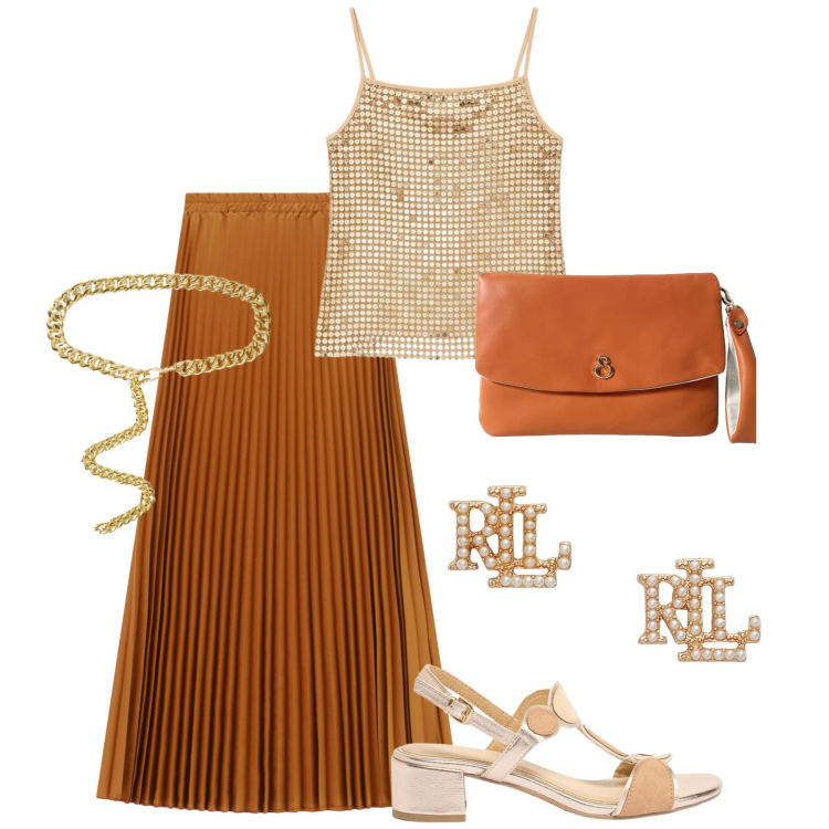 Outfit donna - Cena al tramonto. Stile Glamour per Serata fuori. Abbinamento con sandali col tacco, top, gonne lunghe, cinture, orecchini, pochette.