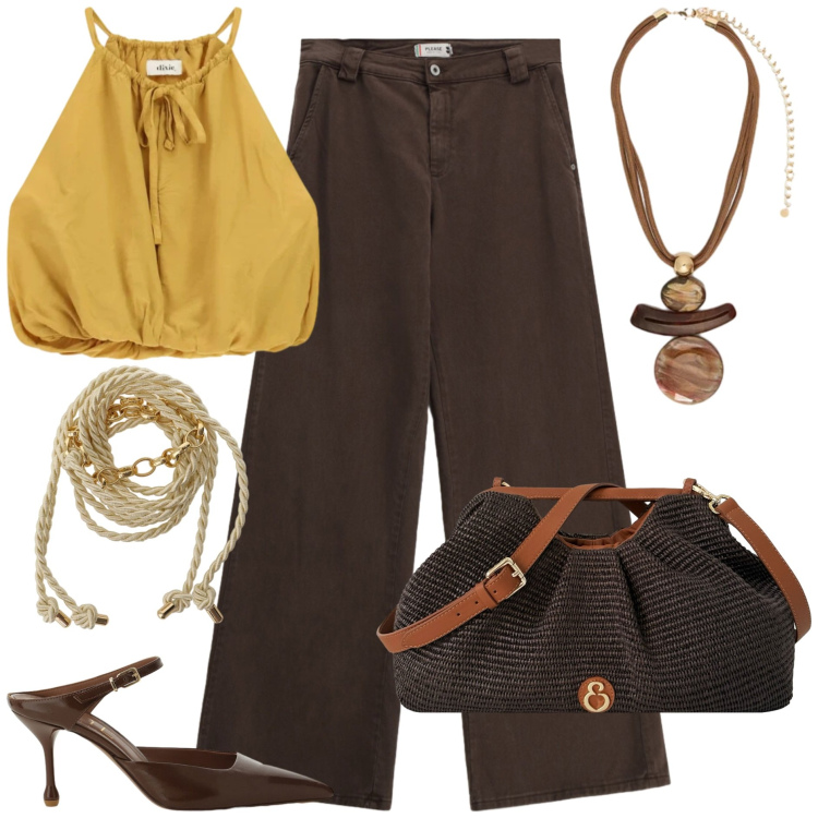 Outfit donna - Sunset Gold - Casual Chic. Stile Casual chic per Tutti i giorni. Abbinamento con décolleté, cinture, top, pantaloni a palazzo, ciondoli, clutch.