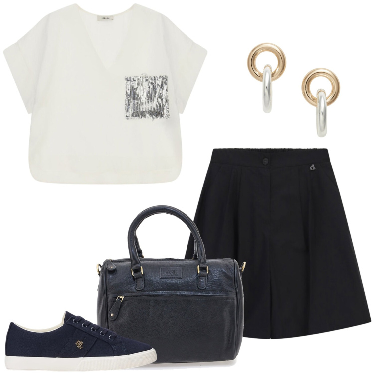Outfit donna - I bermuda neri. Stile Casual chic per Tutti i giorni. Abbinamento con shorts, bluse, orecchini, sneakers, borse a tracolla.