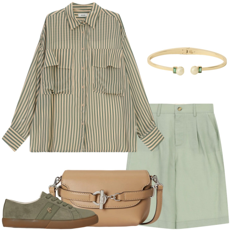 Outfit donna - Bermuda e camicia. Stile Mannish per Tutti i giorni. Abbinamento con shorts, camicie, sneakers, braccialetti, borse a tracolla.