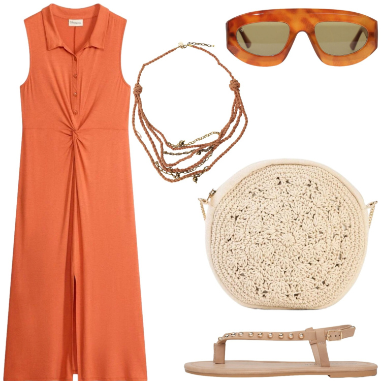 Outfit donna - Sunset Gold- Etnico. Stile Etnico per Tutti i giorni. Abbinamento con borse a tracolla, vestiti chemisier, ciabatte, collane, occhiali da sole.