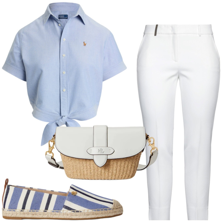 Outfit donna - Riviera style. Stile Chic per Mare. Abbinamento con pantaloni, borse a spalla, espadrillas, camicie a manica corta.