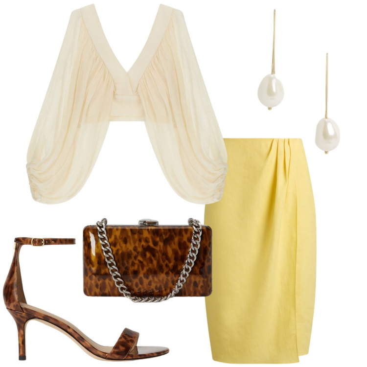 Outfit donna - Tramonto elegante. Stile Bon Ton per Serata fuori. Abbinamento con top, gonne, sandali in pelle, clutch, orecchini.