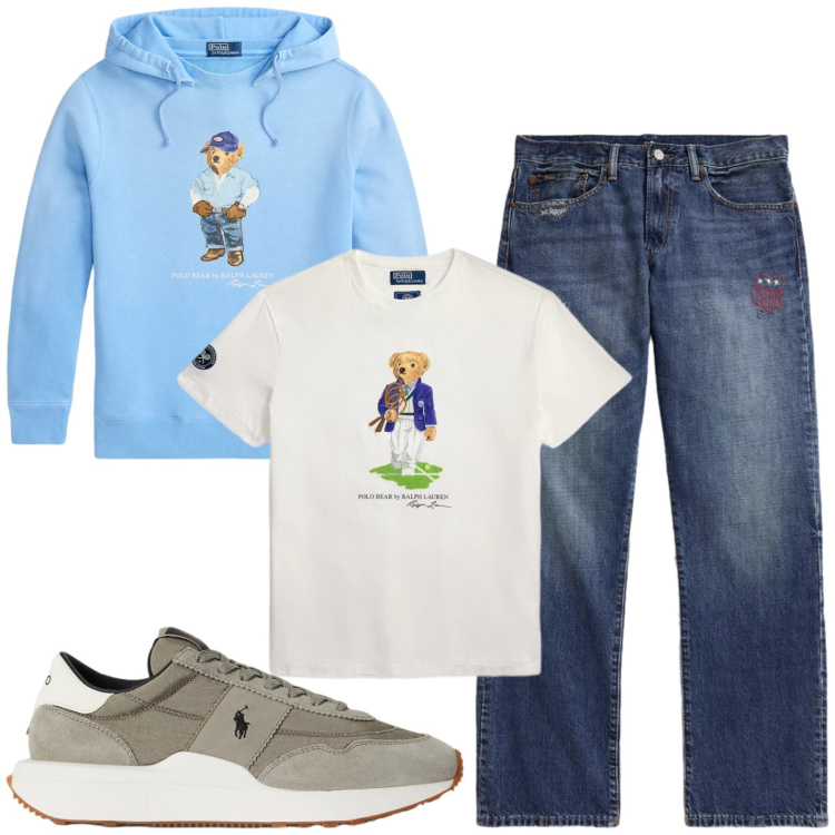 Outfit uomo - Orso sport. Stile Casual per Tutti i giorni. Abbinamento con t-shirt, jeans dritti, felpe con cappuccio, sneakers.