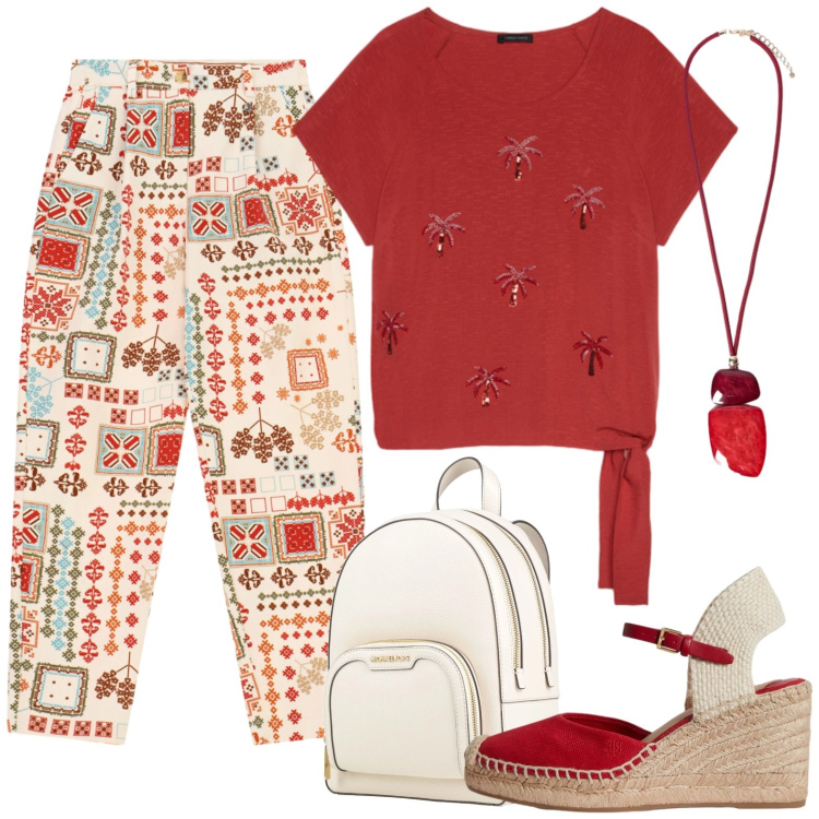 Outfit donna - In vacanza. Stile Casual per Tutti i giorni. Abbinamento con zaini, pantaloni, top, ciondoli, zeppe.