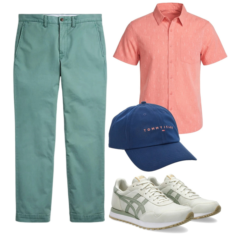 Outfit uomo - Colori accesi. Stile Casual per Tutti i giorni. Abbinamento con pantaloni, camicie a manica corta, sneakers, cappelli con visiera.