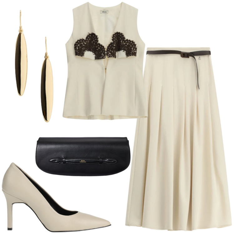 Outfit donna - Serata. Stile Chic per Serata fuori. Abbinamento con décolleté, gonne lunghe, top, clutch, orecchini.