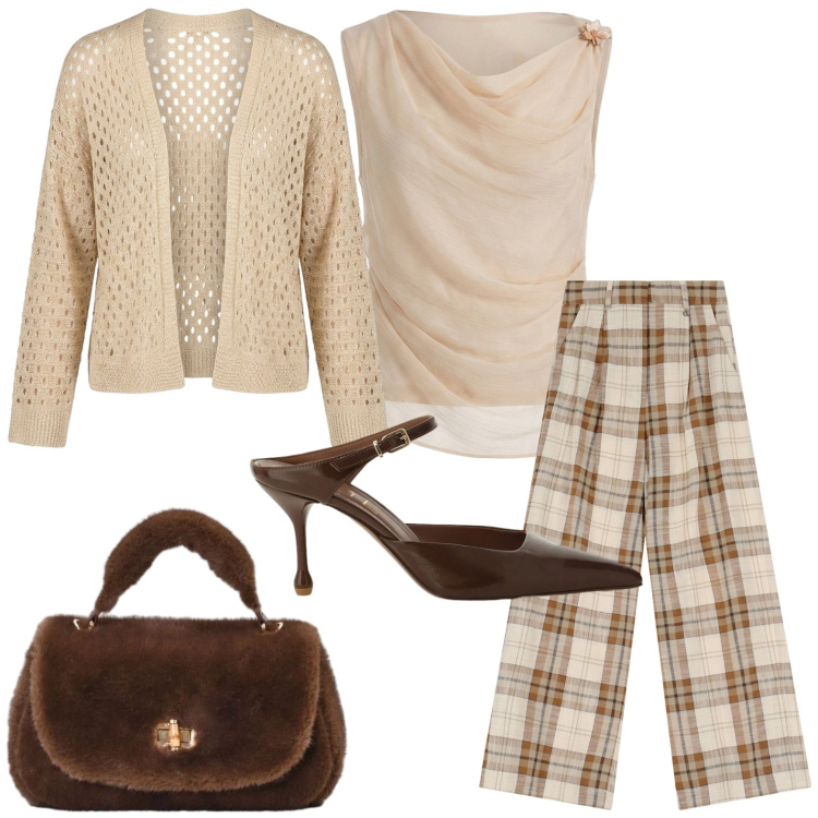Outfit donna - Stile unico. Stile Casual per Tutti i giorni. Abbinamento con pantaloni, décolleté, top, borse a mano, cardigans.