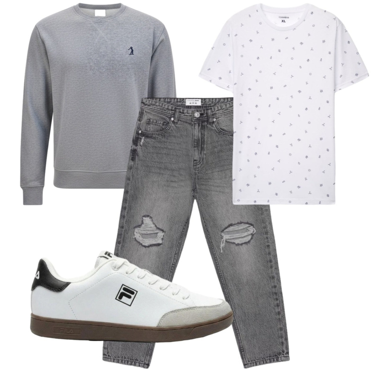 Outfit uomo - Total look #2446227. Stile Trendy per Tutti i giorni. Abbinamento con sneakers, jeans strappati, t-shirt, felpe.