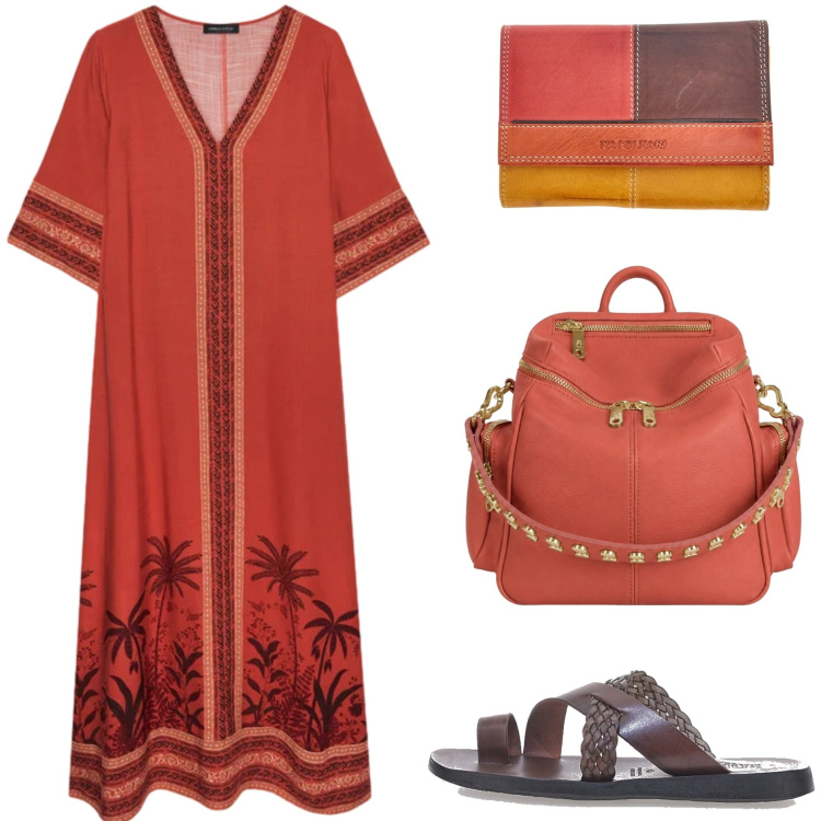 Outfit donna - Sunset Gold. Stile Etnico per Tutti i giorni. Abbinamento con caftani, zaini, ciabatte, portafogli.
