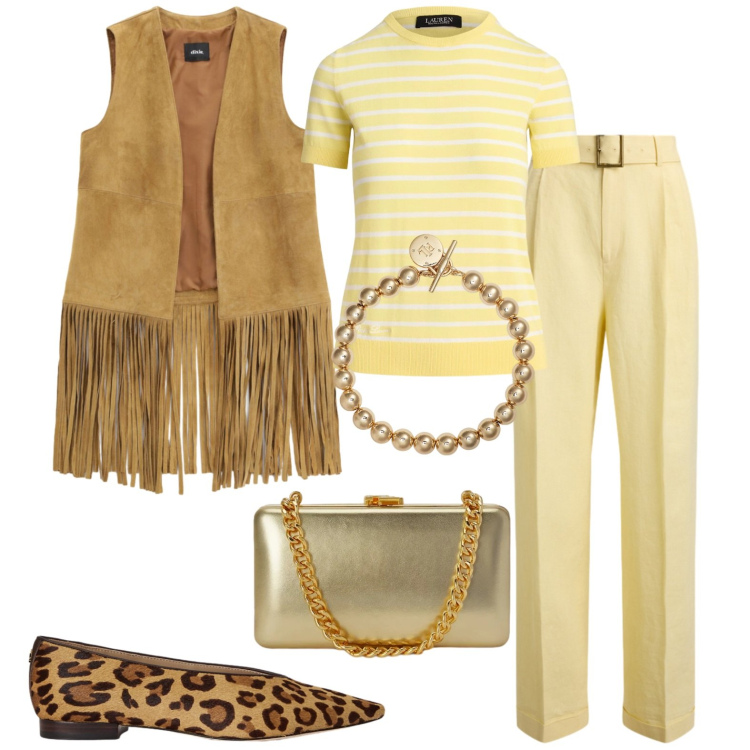 Outfit donna - Serata. Stile Casual per Tutti i giorni. Abbinamento con gilet, braccialetti, t-shirt, clutch, pantaloni, ballerine.