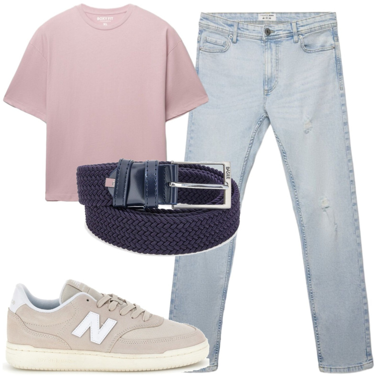 Outfit uomo - Total look #2446233. Stile Casual per Tutti i giorni. Abbinamento con jeans strappati, t-shirt, cinture, sneakers.