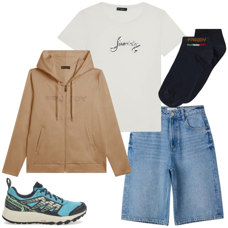 Outfit donna - Escursione. Stile Casual per Sport. Abbinamento con bermuda, t-shirt, felpe con cappuccio, calzini, scarpe sportive.