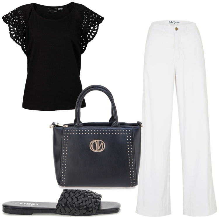 Outfit donna - Summer style edition. Stile Trendy per Tutti i giorni. Abbinamento con bluse, jeans, ciabatte, borse a mano.