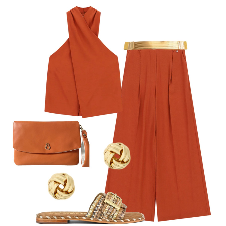 Outfit donna - Tramonto in città. Stile Trendy per Tutti i giorni. Abbinamento con top, pantaloni a palazzo, cinture, orecchini, pochette, ciabatte.