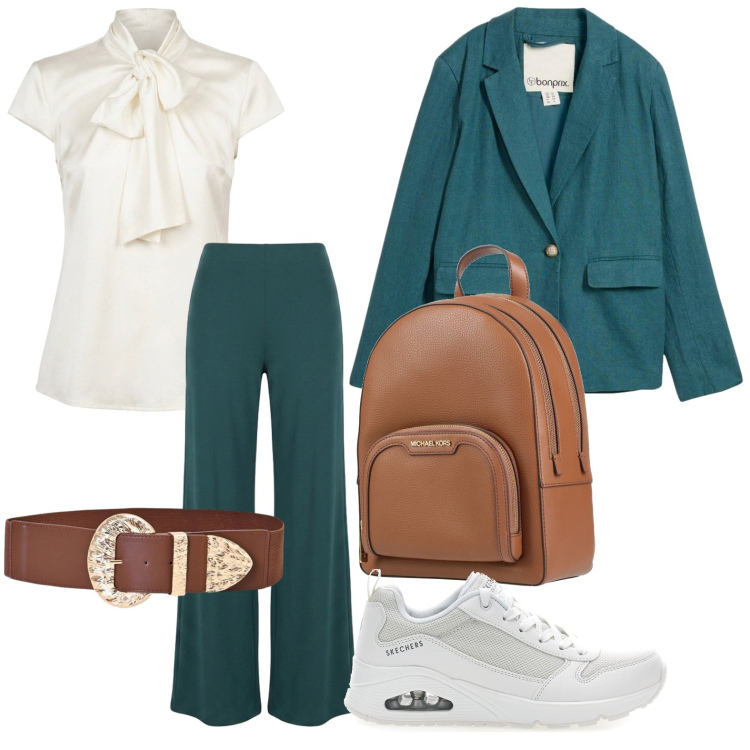 Outfit donna - Elegante camicietta. Stile Glamour per Tutti i giorni. Abbinamento con zaini, blazer, cinture, camicie, pantaloni a palazzo, sneakers.