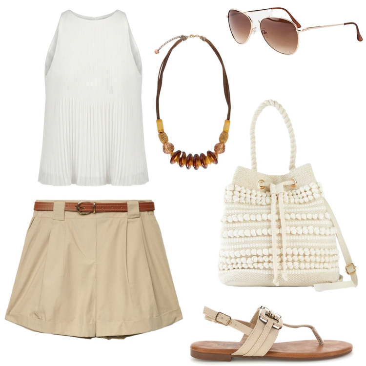 Outfit donna - Agosto in città. Stile Casual chic per Tutti i giorni. Abbinamento con occhiali da sole, borse a secchiello, shorts, canottiere, collane, sandali.