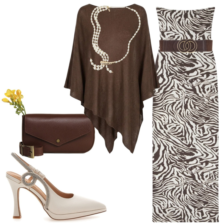 Outfit donna - Suoer chic. Stile Chic per Serata fuori. Abbinamento con vestiti lunghi, collane, borse a tracolla, cappotti, décolleté, cinture.