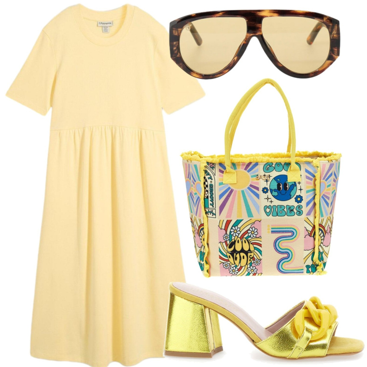 Outfit donna - Total look #2446245. Stile Basic per Tutti i giorni. Abbinamento con vestiti, occhiali da sole, borse a spalla, sandali col tacco.