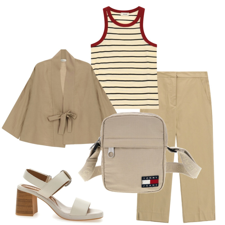 Outfit donna - Total look #2446246. Stile Casual per Tutti i giorni. Abbinamento con blazer, top, pantaloni, sandali col tacco, borse a spalla.