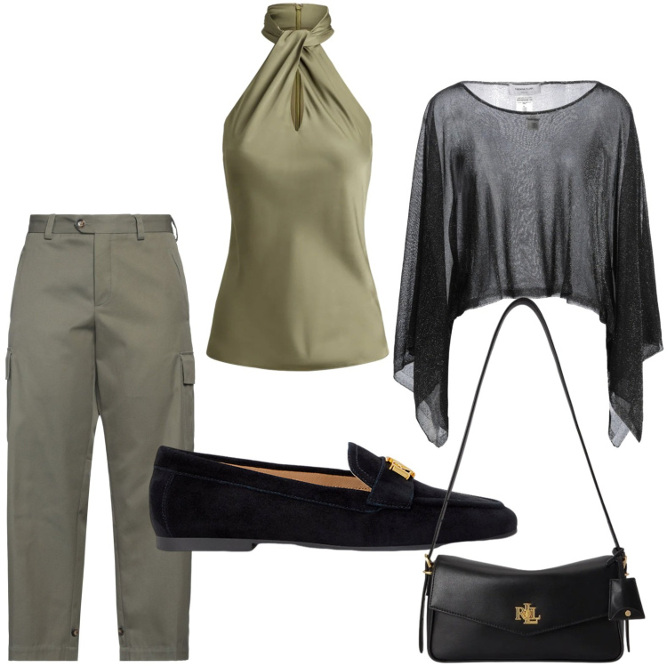 Outfit donna - Scollo all\'americana. Stile Basic per Tutti i giorni. Abbinamento con pullovers, pantaloni cargo, mocassini, bluse, borse a spalla.