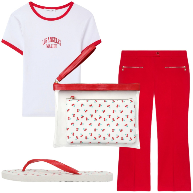 Outfit donna - Total look #2446248. Stile Casual per Mare. Abbinamento con t-shirt, pochette, infradito, pantaloni.