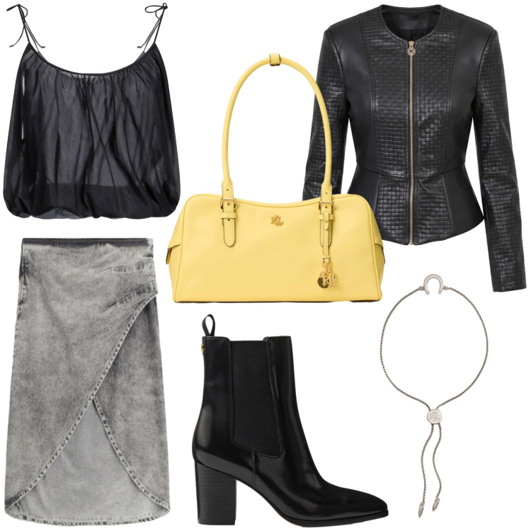 Outfit donna - Effetto denim. Stile Urban per Tutti i giorni. Abbinamento con top, giacche, gonne longuette, braccialetti con ciondoli, borse a mano, stivaletti.
