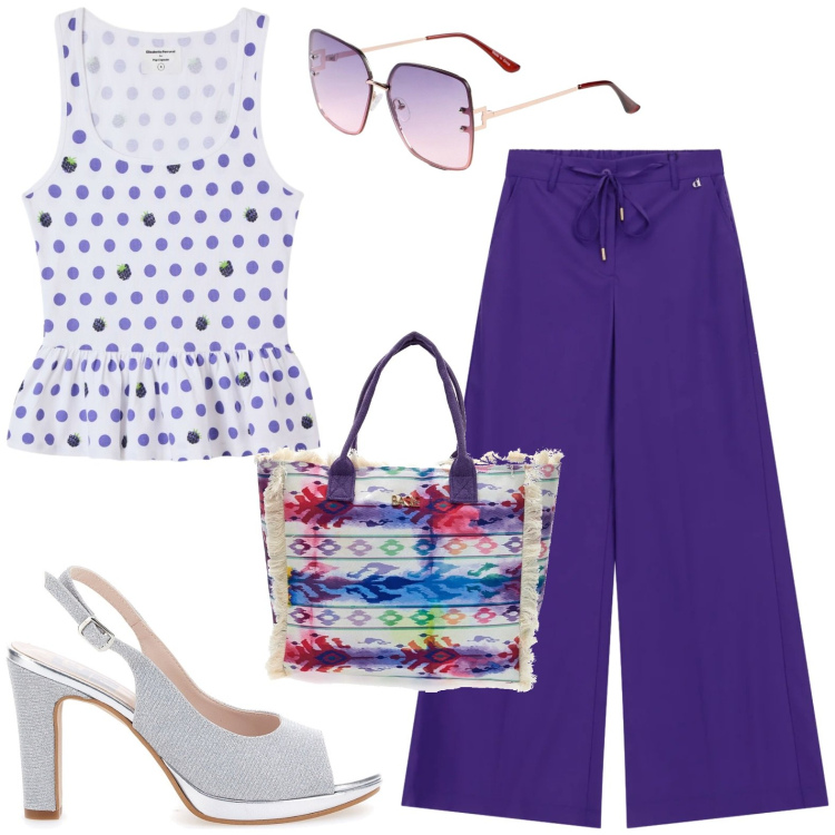 Outfit donna - Total look #2446253. Stile Casual per Tutti i giorni. Abbinamento con occhiali da sole, canottiere, pantaloni a palazzo, décolleté, shopping bag.