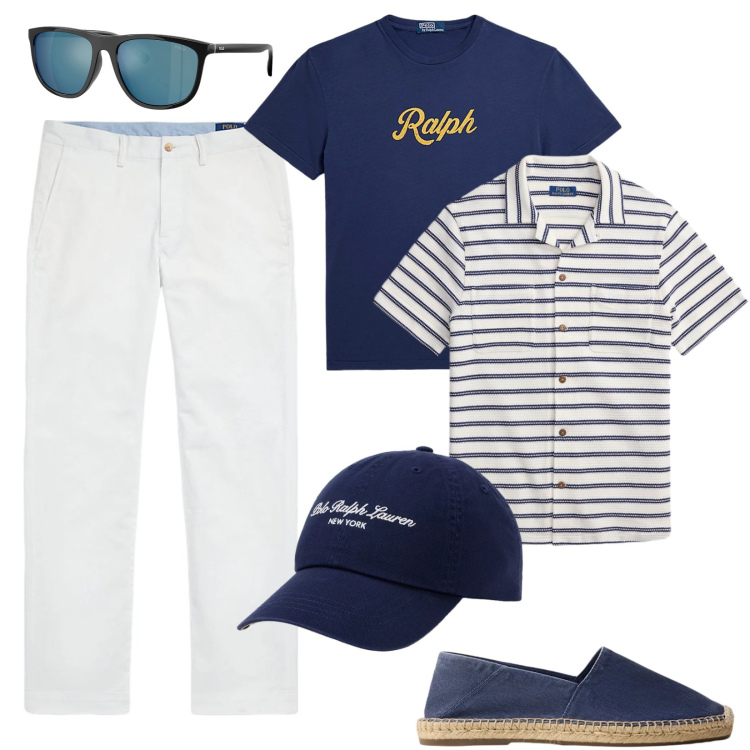 Outfit uomo - Camicia aperta d\'estate. Stile Trendy per Tutti i giorni. Abbinamento con t-shirt, pantaloni, occhiali da sole, cappelli con visiera, espadrillas, camicie.
