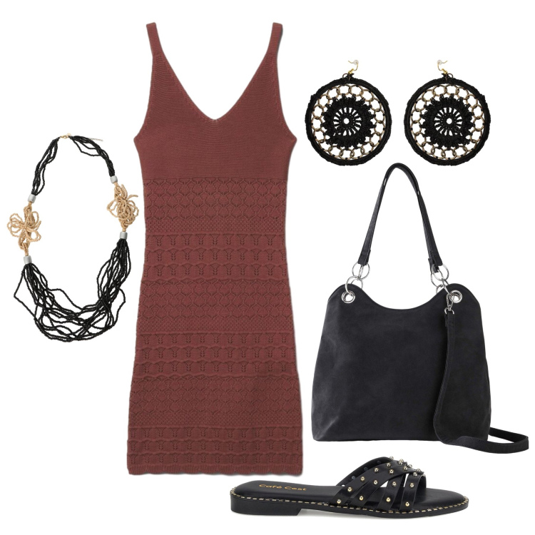 Outfit donna - Agosto. Stile Trendy per Tutti i giorni. Abbinamento con borse a mano, vestiti corti, orecchini, collane, ciabatte.