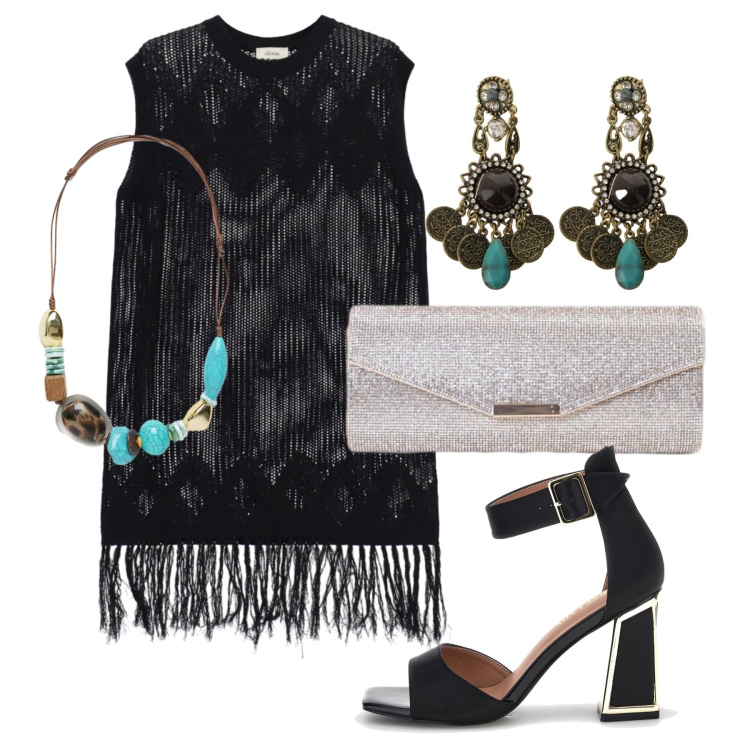 Outfit donna - Agosto. Stile Glamour per Serata fuori. Abbinamento con orecchini, vestiti corti, clutch, collane, sandali col tacco.