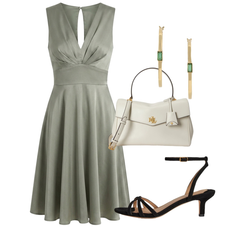 Outfit donna - Cerimonia salvia. Stile Chic per Cerimonia. Abbinamento con vestiti senza maniche, sandali col tacco, borse a mano, orecchini.