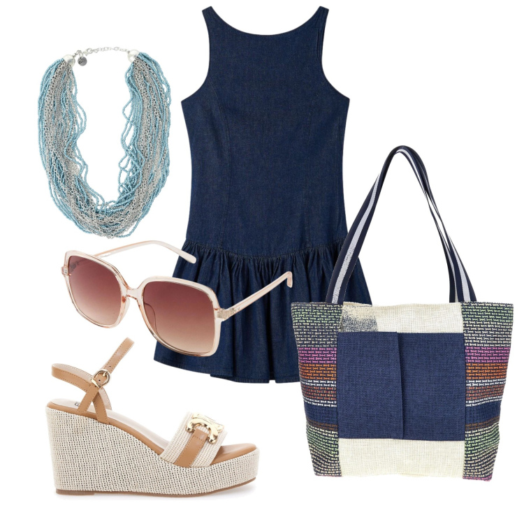 Outfit donna - Agosto. Stile Trendy per Mare. Abbinamento con occhiali da sole, vestiti corti, collane, zeppe, shopping bag.