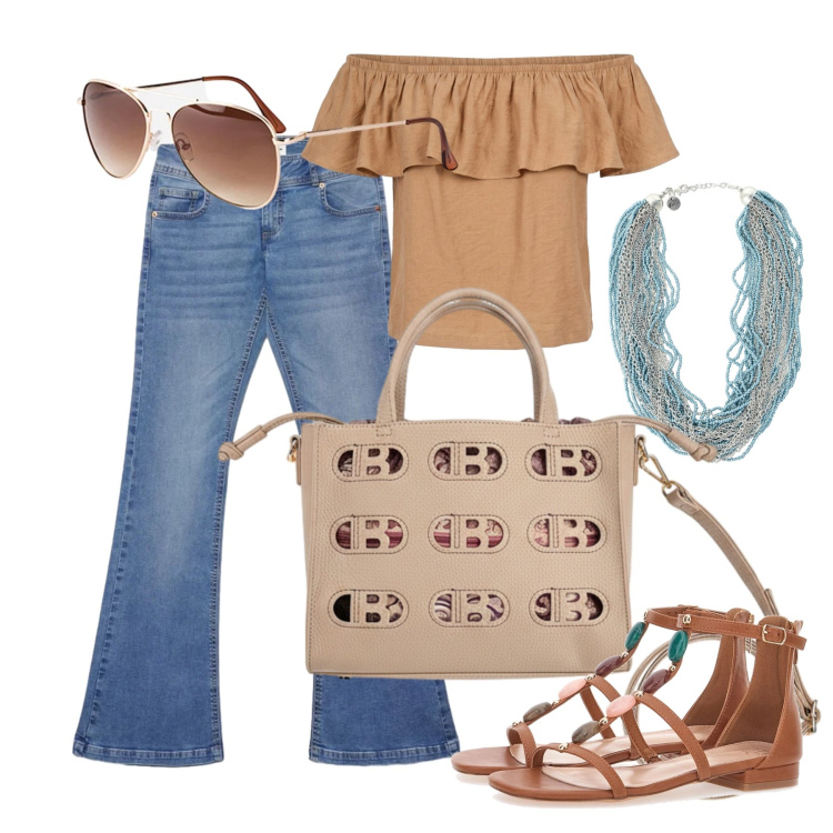 Outfit donna - Agosto. Stile Trendy per Tutti i giorni. Abbinamento con occhiali da sole, jeans a zampa, collane, top, sandali gioiello, borse a mano.