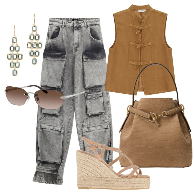 Outfit donna - Agosto. Stile Trendy per Tutti i giorni. Abbinamento con espadrillas, jeans, top, orecchini, occhiali da sole, borse a secchiello.