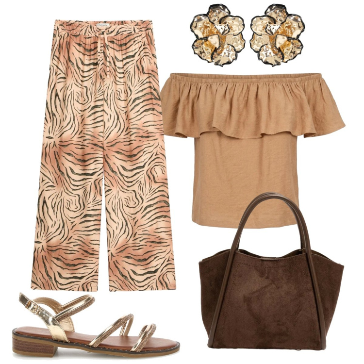 Outfit donna - Romantica con il top sciallato. Stile Romantica per Tutti i giorni. Abbinamento con pantaloni, orecchini, top, borse a spalla, sandali col tacco.