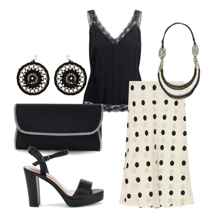 Outfit donna - Luglio. Stile Glamour per Serata fuori. Abbinamento con canottiere, gonne longuette, orecchini, collane, sandali col tacco, pochette.
