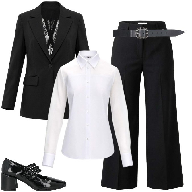 Outfit donna - Office Siren - in chiave Moderna e Glam. Stile Casual chic per Ufficio. Abbinamento con décolleté, blazer, cinture, pantaloni, camicie.