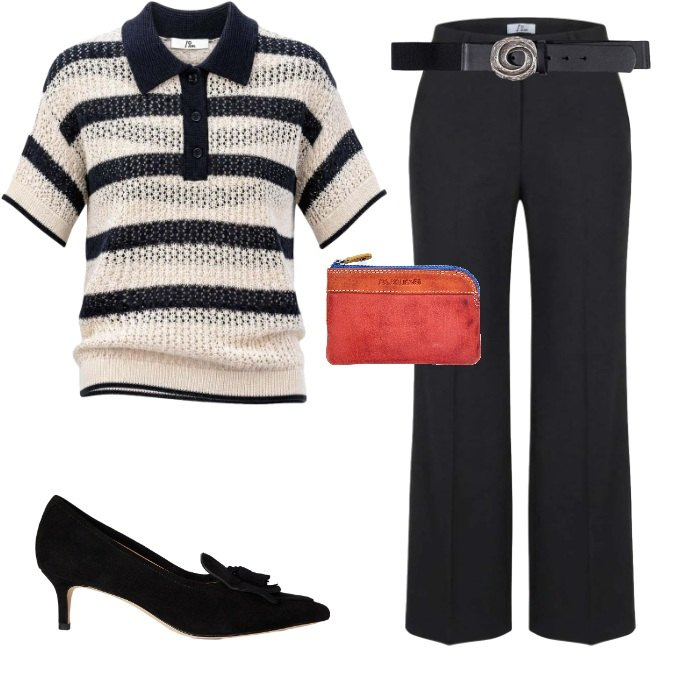 Outfit donna - Contesti lavorativi smart casual. Stile Casual chic per Ufficio. Abbinamento con polo, pantaloni a palazzo, cinture, décolleté, portachiavi.