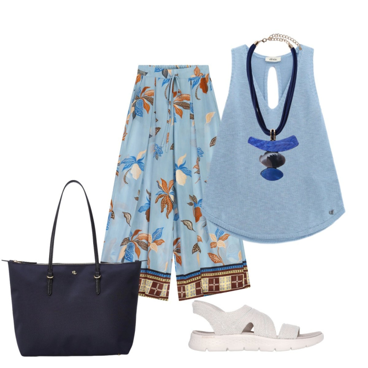 Outfit donna - In città. Stile Boho per Tutti i giorni. Abbinamento con top, pantaloni a palazzo, ciondoli, borse tote, sandali.