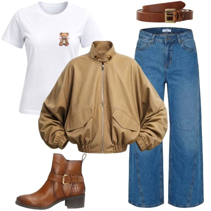 Outfit donna - Parola d\'ordine: VERSATILE!. Stile Trendy per Tutti i giorni. Abbinamento con cinture, jeans, t-shirt, bomber, stivaletti.