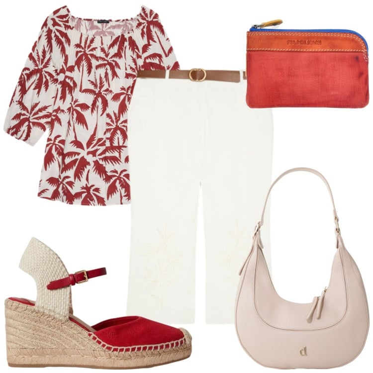 Outfit donna - Agosto in città - curvy. Stile Trendy per Tutti i giorni. Abbinamento con borse a tracolla, bluse, pantaloni, zeppe, portachiavi.