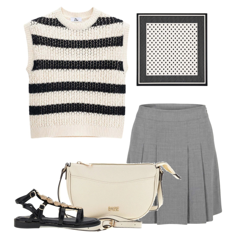 Outfit donna - Righe e pois. Stile Preppy per Serata fuori. Abbinamento con foulard, canottiere, minigonne, borse a tracolla, sandali.