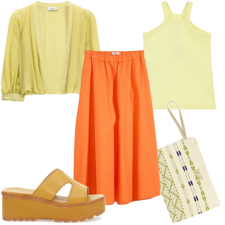 Outfit donna - Agosto di colore -giallo arancio. Stile Trendy per Tutti i giorni. Abbinamento con gonne longuette, blazer, top, sandali col tacco, pochette.